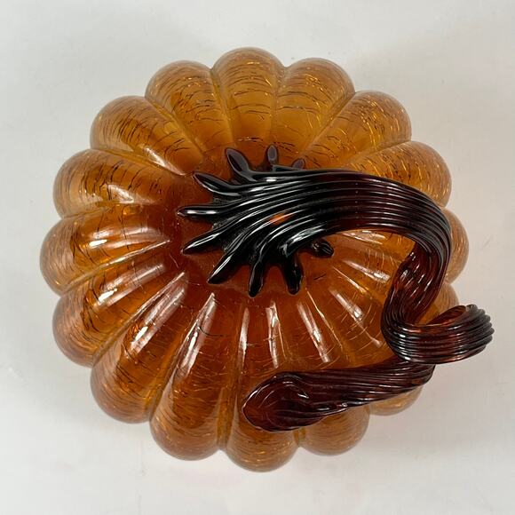 Mouth Blown Amber Art Glass Pumpkin Orange Crackle Curly Stem Handmade Handblown - Picture 5 of 12